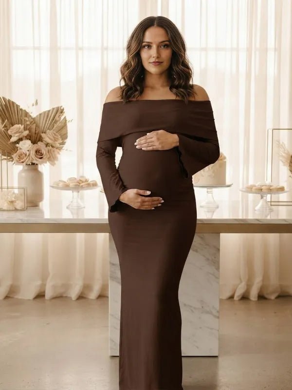 Momyknows Off Shoulder Side Slit Backless Flare Sleeve Ruched Maternity Baby Shower Maxi Dress - White - 5