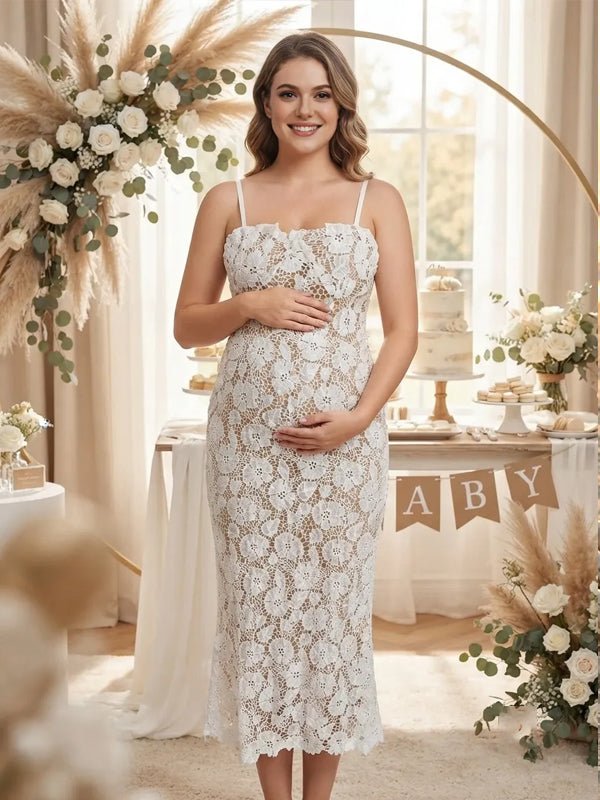 Momyknows Lace Spaghetti Strap Tie Back Back Slit Maternity Baby Shower Maxi Dress - White - 5
