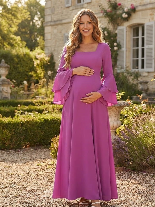 Rose Carmine Elegant Ruffle Maternity Maxi Dress with Flare Sleeves and Flowing Shape