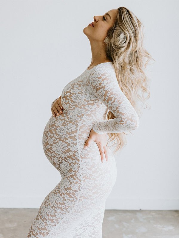 Momyknows White Lace Sheer Bodycon Elegant Cocktail Party Maternity Baby Shower Maxi Dress, White / XS