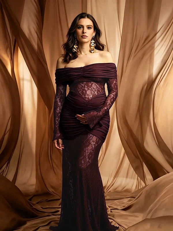 maternity off shoulder bodycon dress Momyknows Lace Draped Off-shoulder Elegant Baby Shower Maxi Waist Size:40
