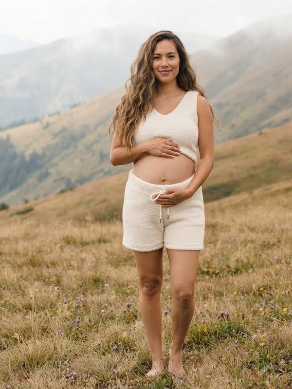 Momyknows Ivory Three-piece Cozy Knit Set Plus Size Crop Top Cardigan Fluffy Loungewear Casual Daily Maternity Outfit - Beige - 2