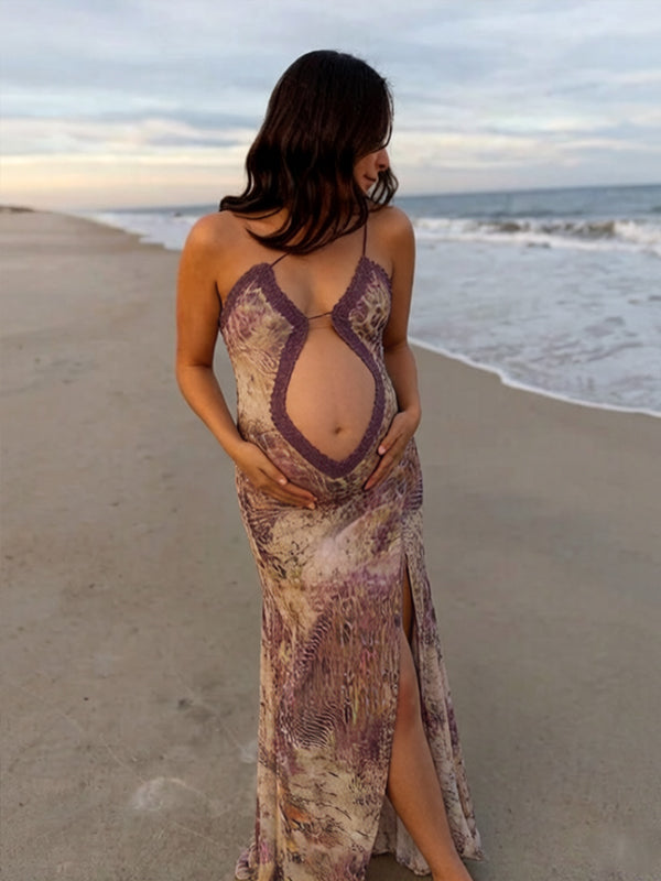 Momyknows Brown Spaghetti Strap Bare Midriff Print Side Slit Maternity Photoshoot Maxi Dress