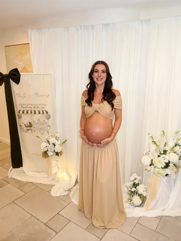 Momyknows Golden Off Shoulder Open Back Ruffle 2 piece set Baby Shower Maternity Maxi Dress