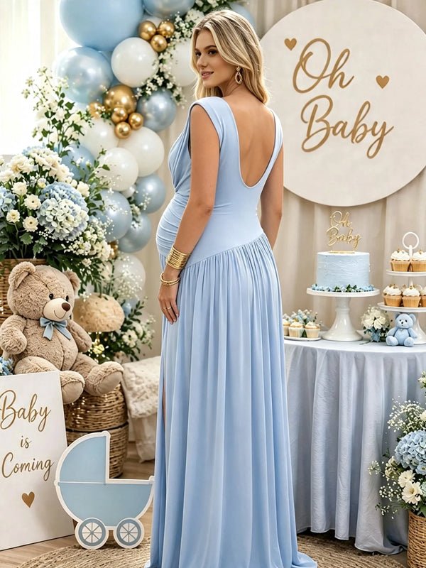Momyknows Side Slit Splicing Backless Ruffle Maternity Baby Shower Maxi Dress - Blue - 2