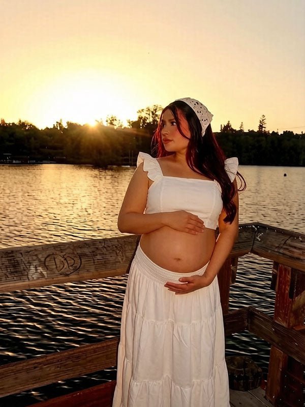 Momyknows Chic White 2-in-1 Falbala A-Line Shirring Vacation Maternity Maxi Dress - White - 2