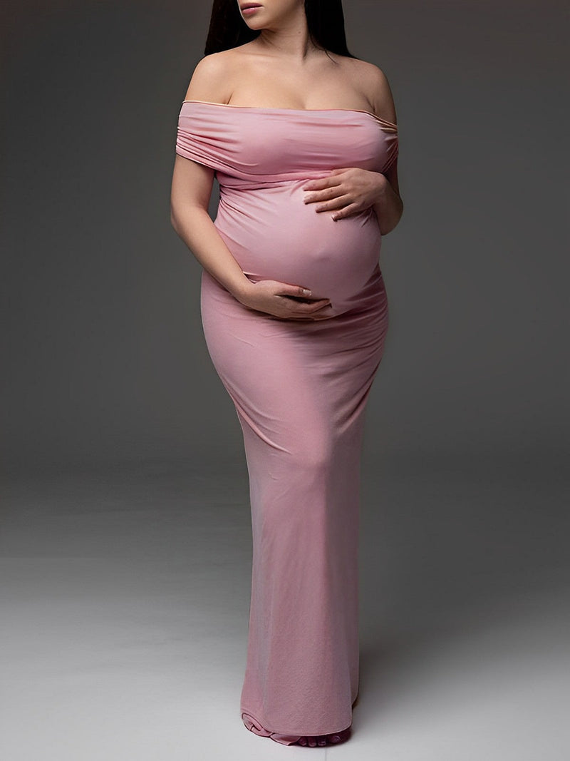 Momyknows Pink Off Shoulder Belly Friendly Ruched Boat Neck Bodycon Photoshoot Maternity Maxi Dress Pink / L Momyknows Pink Off Shoulder Belly Friendly Ruched Boat Neck Bodycon Photoshoot Maternity Maxi Dress Pink / L