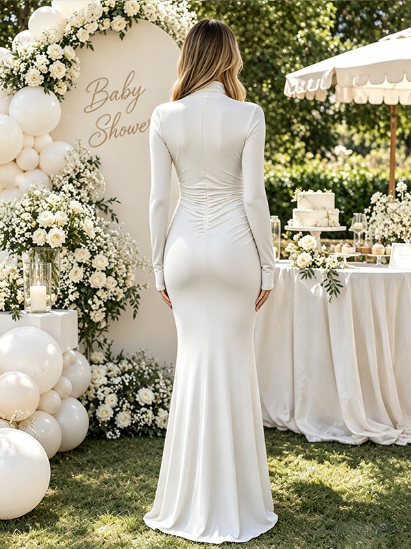 White High Neck Ruched Maternity Maxi Dress with Trumpet Silhouette and Elegant Fit