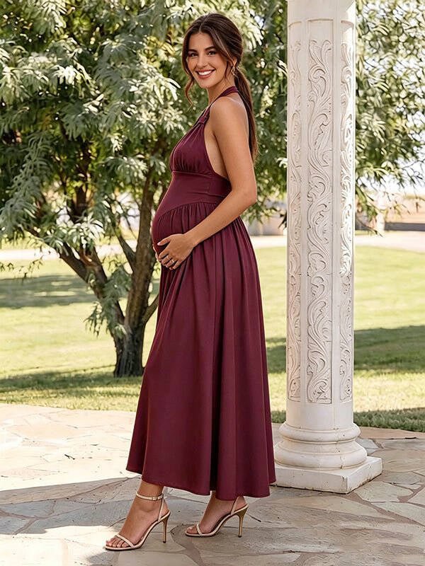 Momyknows Halter Neck V-neck open back Ruffle Fashion Maternity Midi Dress - Wine Red - 2