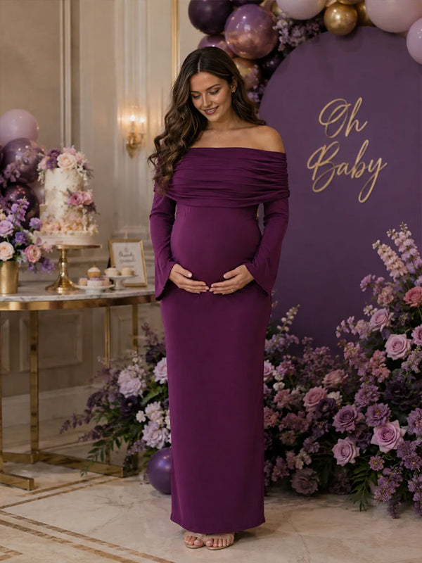 Purple Off Shoulder Maternity Maxi Dress with Back Split Detail and Elegant Fit, Baby Shower Occasion