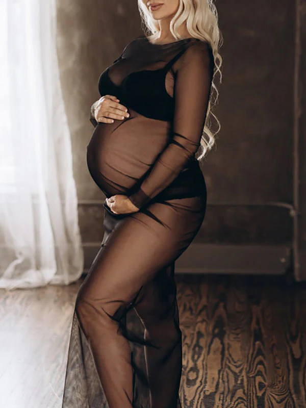 Momyknows Black Tulle Pregnancy Dress Grenadine Sheer Maternity Photoshoot Dress