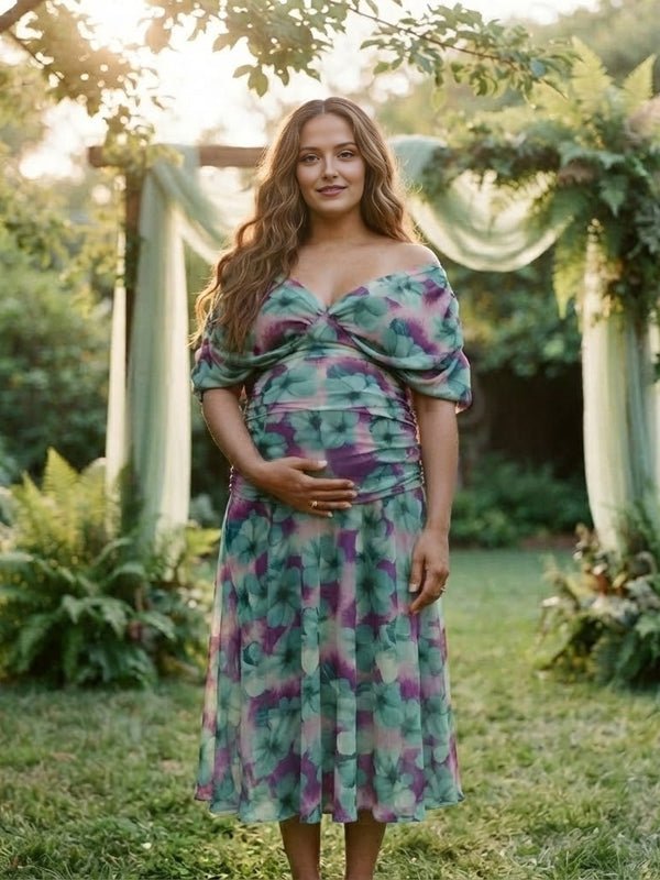 Momyknows Print Off Shoulder Big Swing Grenadine Maternity Photoshoot Maxi Dress - Green - 2
