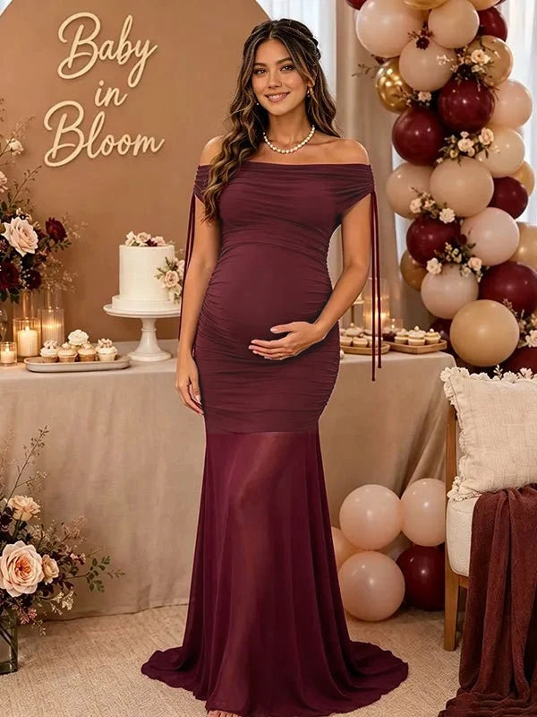 Momyknows Wine Red Off Shoulder Bodycon Ribbon Open Back Ruched Tulle Baby Shower Maxi Dress