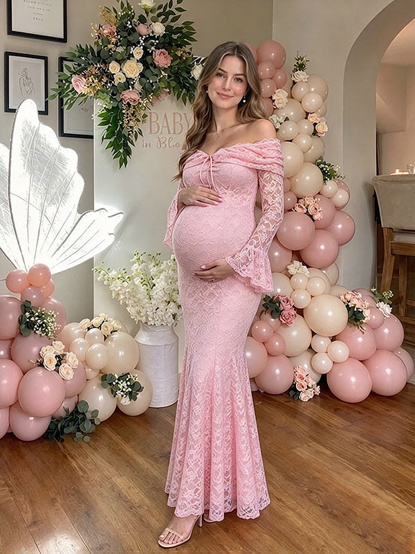 Lace Off Shoulder Baby Shower Maternity Maxi Dress