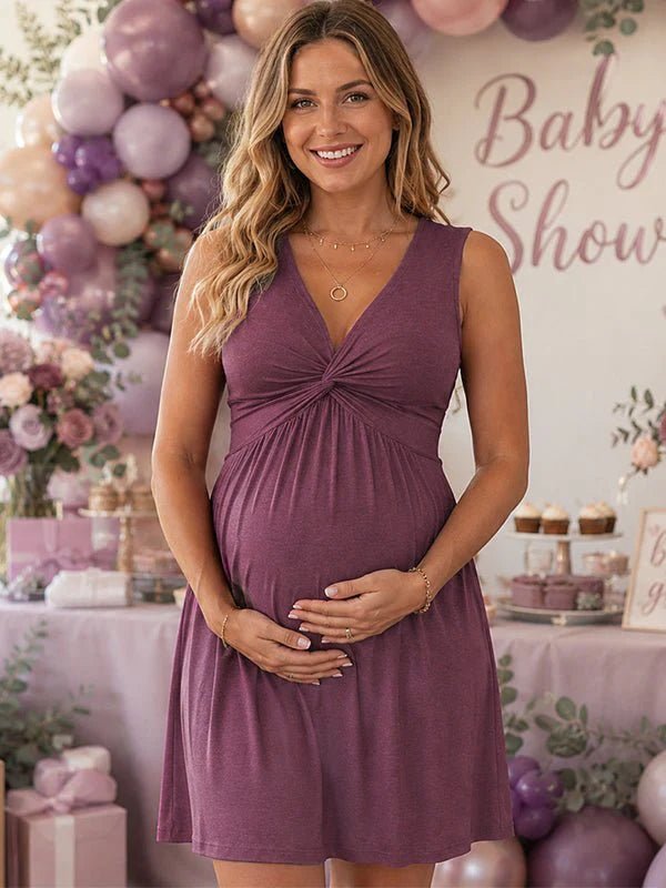 Momyknows Rose Red Deep V Bodycon High Waisted Ruched Dress Baby Shower Mini Dress - Rose Red - 1