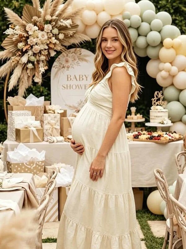 Momyknows V-neck Solid Color Falbala Ruffle Backless A-Line Maternity Baby Shower Maxi Dress - Apricot - 2