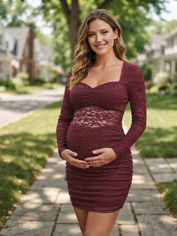 Red Maternity Mini Dress with Elegant Lace Splicing and Ruched Detail