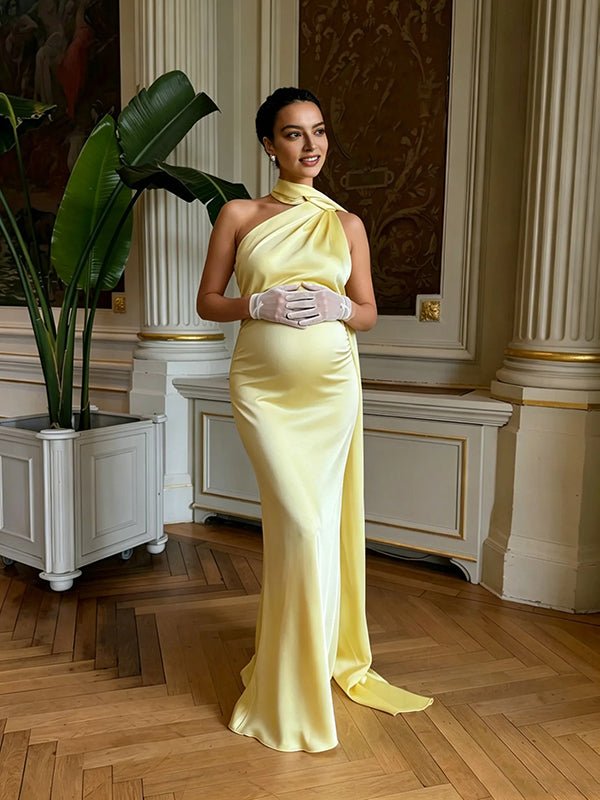 Momyknows Wrap Halter Neck Backless Bodycon Elegant Maternity Photoshoot Maxi Dress, Pink / L