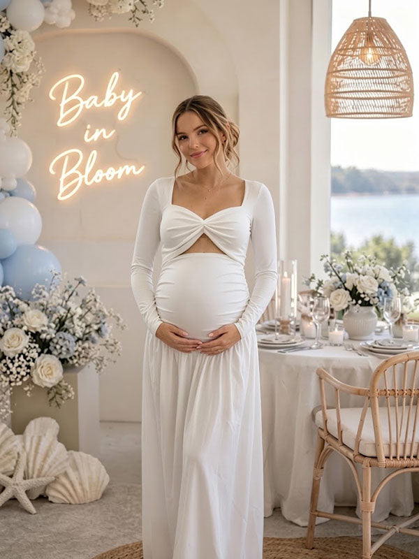White A-Line Ruched Baby Shower Maternity Maxi Dress