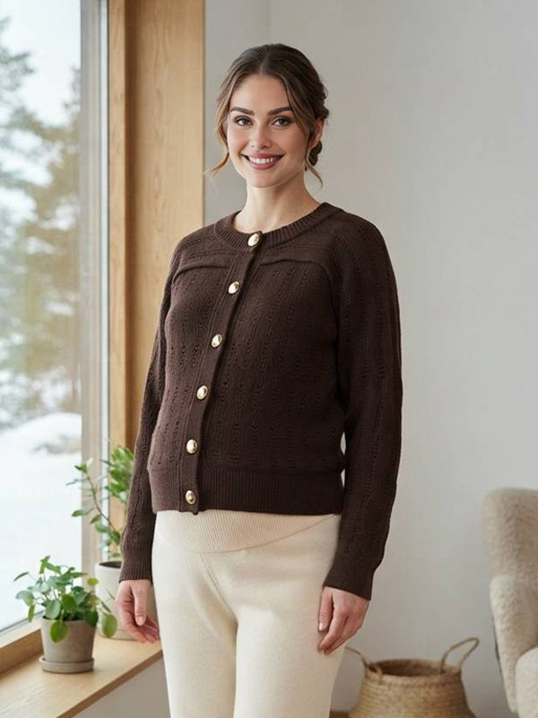 Brown Casual Button-Front Crochet Maternity Cardigan with Relaxed Fit, Home Lounging