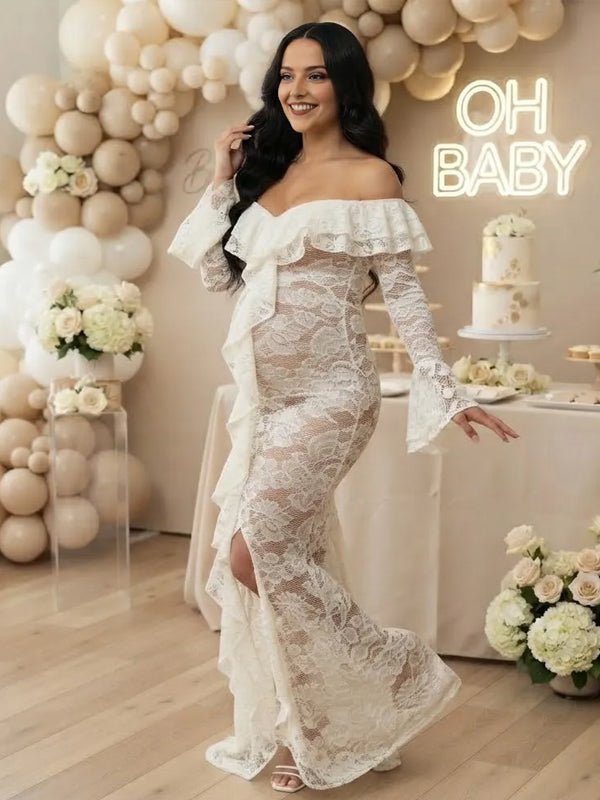 Momyknows White Off Shoulder Ruffle Side Slit Lace Flare Sleeve Maternity Baby Shower Maxi Dress - White - 6