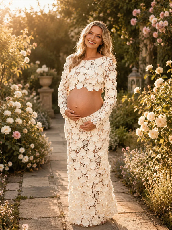 White Lace Up Maternity Maxi Dress with Flower and Backless Detail and Elegant Fit, Photoshoot Occasion