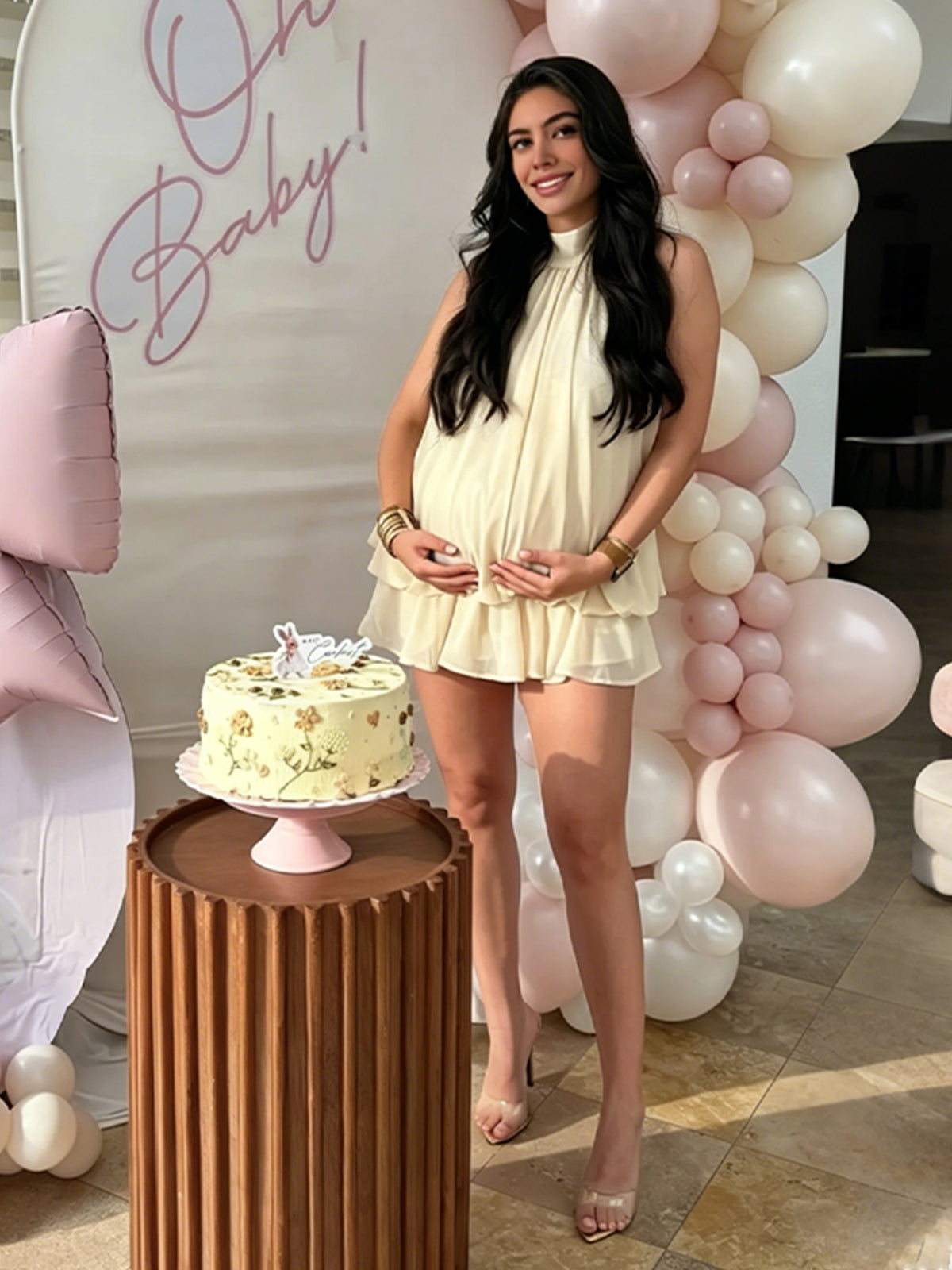 Momyknows lace-up Peplum backless Halter Neck Chiffon Pink Blue Baby Shower Photoshoot Maternity Mini Dress