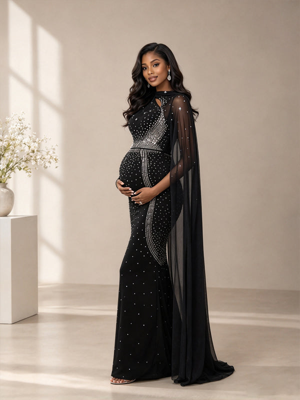 Black Maternity Maxi Dress with Rhinestone Embellishments and Flowing Cape Design
