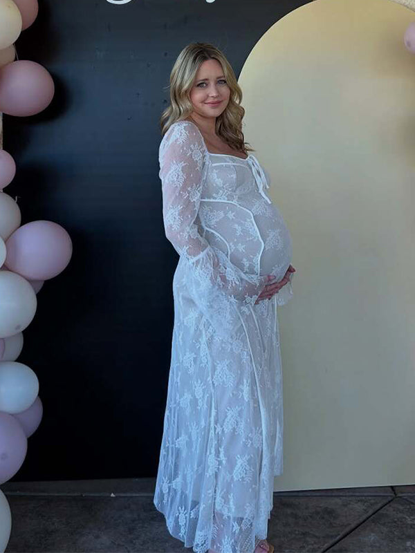 Momyknows White Lace Corset Square Neck Flare Sleeve Off Shoulder Bodycon Elegant Cocktail Party Maternity Photoshoot Baby Shower Maxi Dress