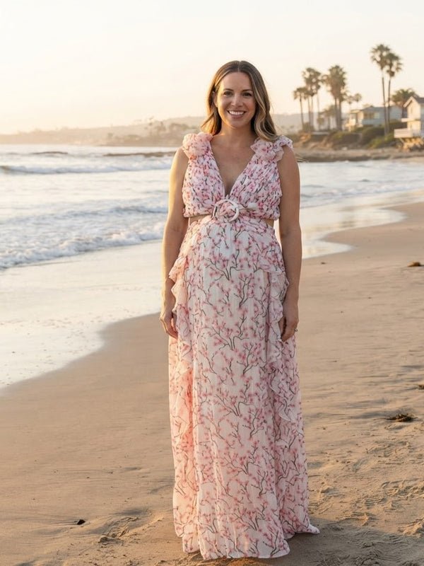 Momyknows Deep V Print Ruffle Backless Lace Up Maternity Photoshoot Maxi Dress - Pink - 6
