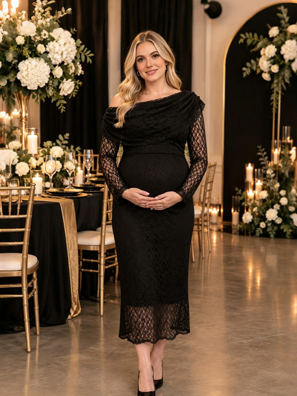 Black Plus Size Lace Maternity Dress with One-Shoulder Design and Elegant Fit, Wedding Guest