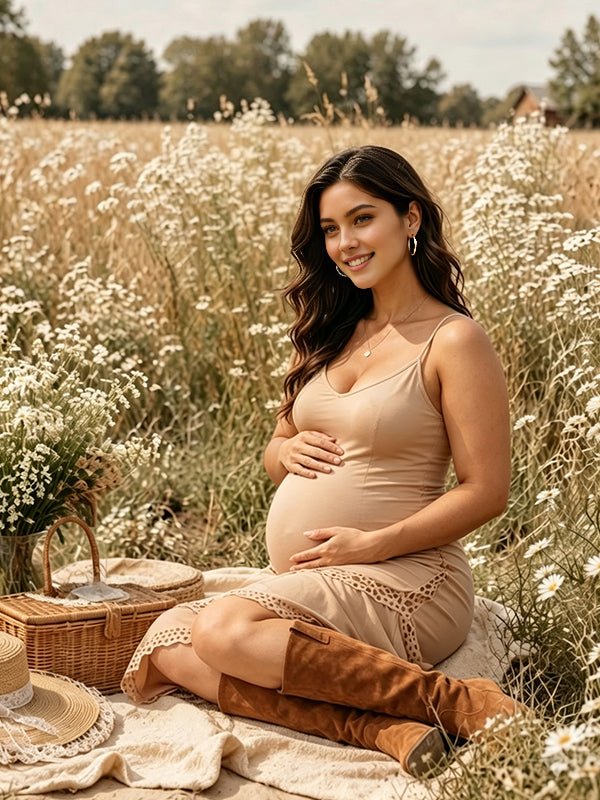 Momyknows Irregular Spaghetti Straps Lace Splicing Open Back Maternity Photoshoot Maxi Dress - Khaki - 2