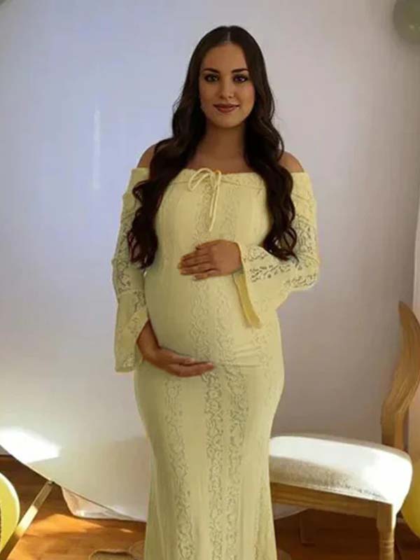 Momyknows Yellow Lace Off Shoulder Hollow Out Ruffle Mermaid Maternity Maxi Dress
