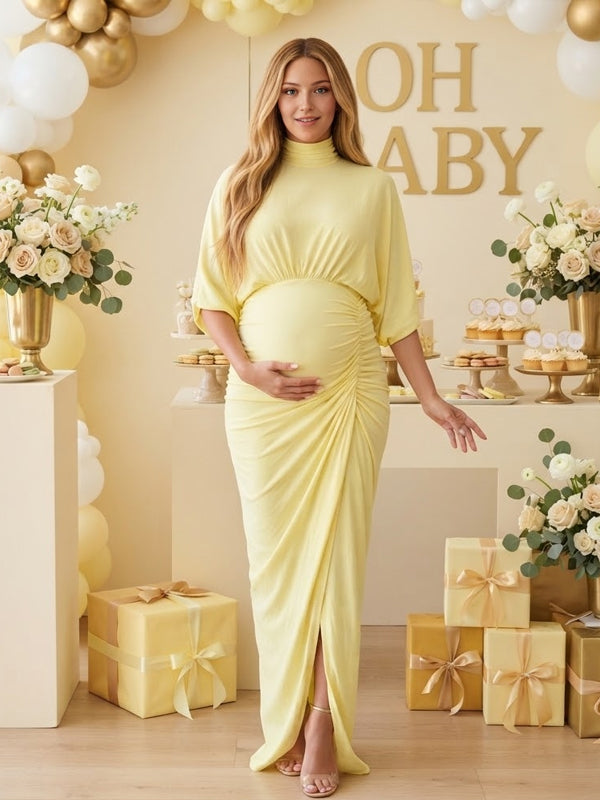 Yellow Ruched Maternity Maxi Dress with Front Slit and Flattering Fit, Baby Shower Occasion
