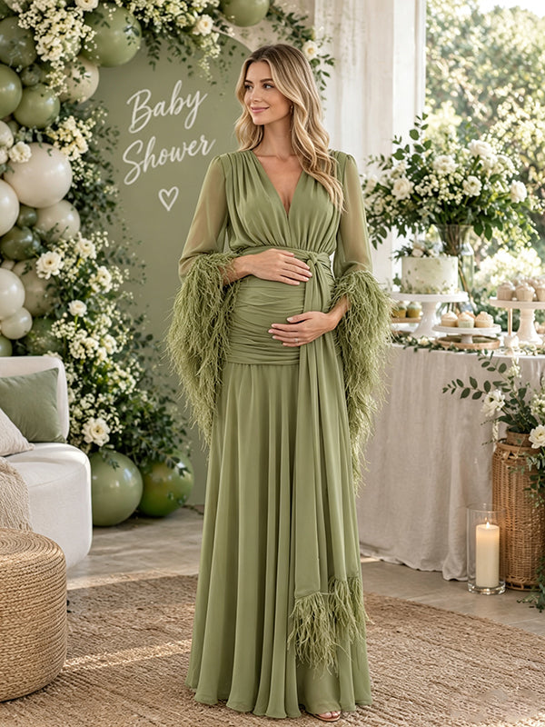 Army Green Ruched Maternity Maxi Dress with Ribbon Detail and Flattering Silhouette