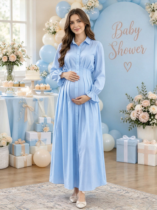 Blue Ruffle Maternity Maxi Dress with Lace Up Details and Flattering Ruched Silhouette