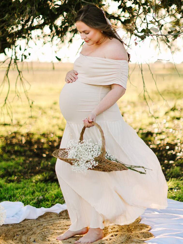 Momyknows Apricot Off Shoulder Ruched Pleated Big Swing Maternity Baby Shower Maxi Dress
