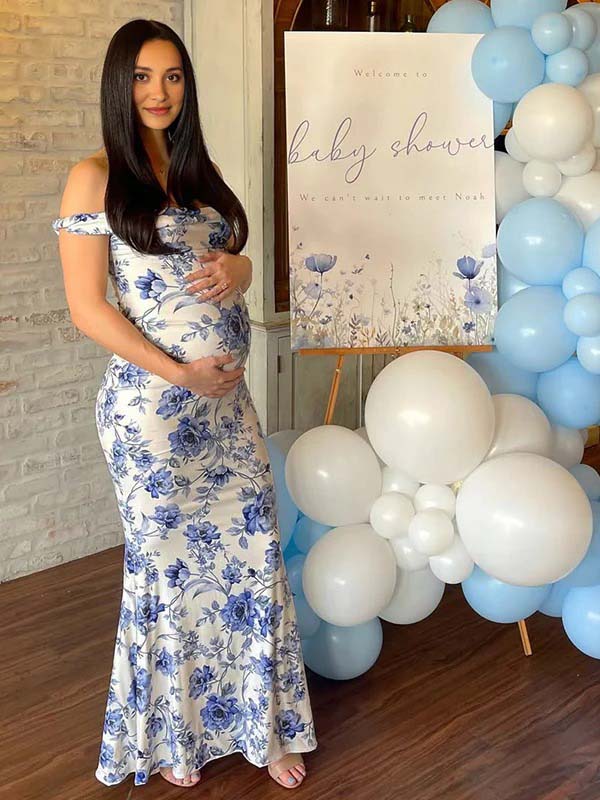 Blue Floral Off Shoulder Mermaid Maternity Baby Shower Maxi Dress, Blue / XL