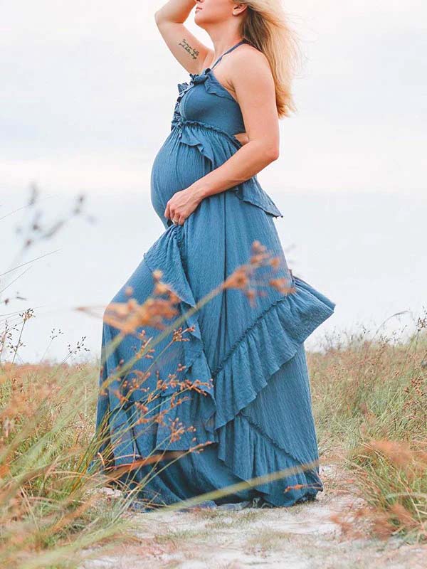 Momyknows Boho Solid Color Ruffle Halter Neck Backless Tie Back V-Neck Holiday Gowns Photoshoot Maternity Maxi Dress Blue / L Momyknows Boho Solid Color Ruffle Halter Neck Backless Tie Back V-Neck Holiday Gowns Photoshoot Maternity Maxi Dress Blue / L