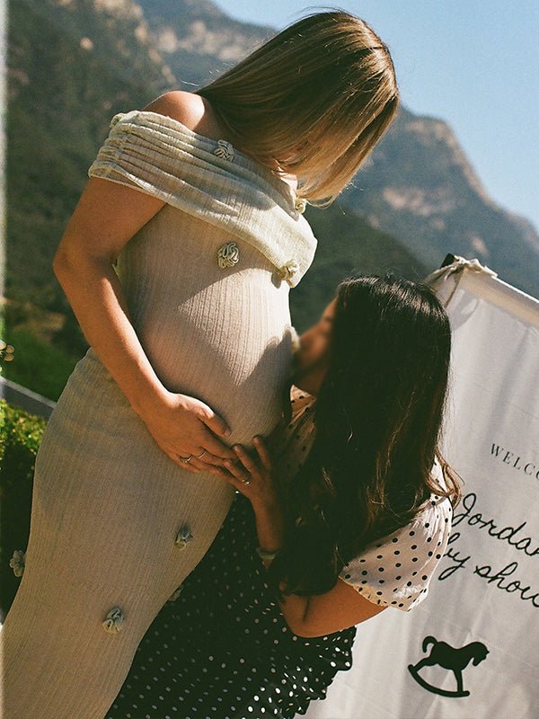Matcha Knit 3D Flowers Off Shoulder Elegant Maternity Maxi Dress