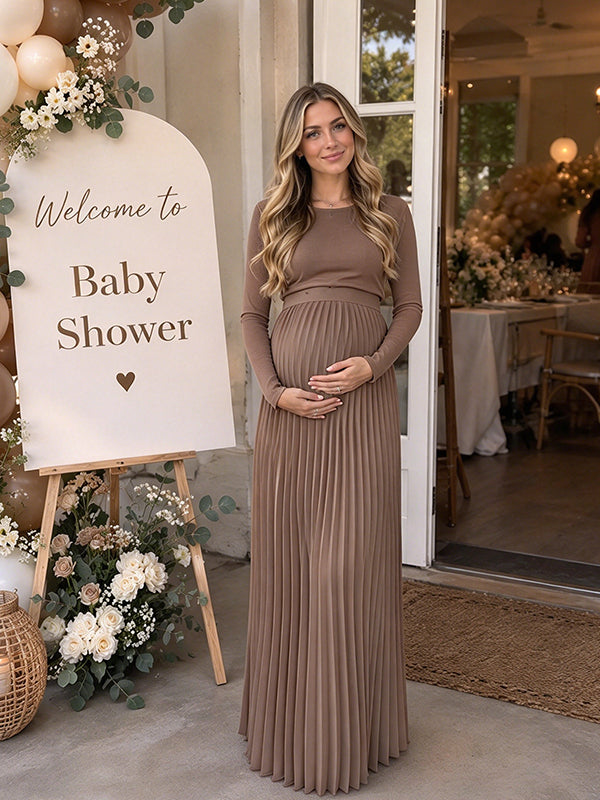 Brown Crochet Splicing Maternity Maxi Dress with Draped Hem and Elegant Silhouette, Baby Shower Occasion