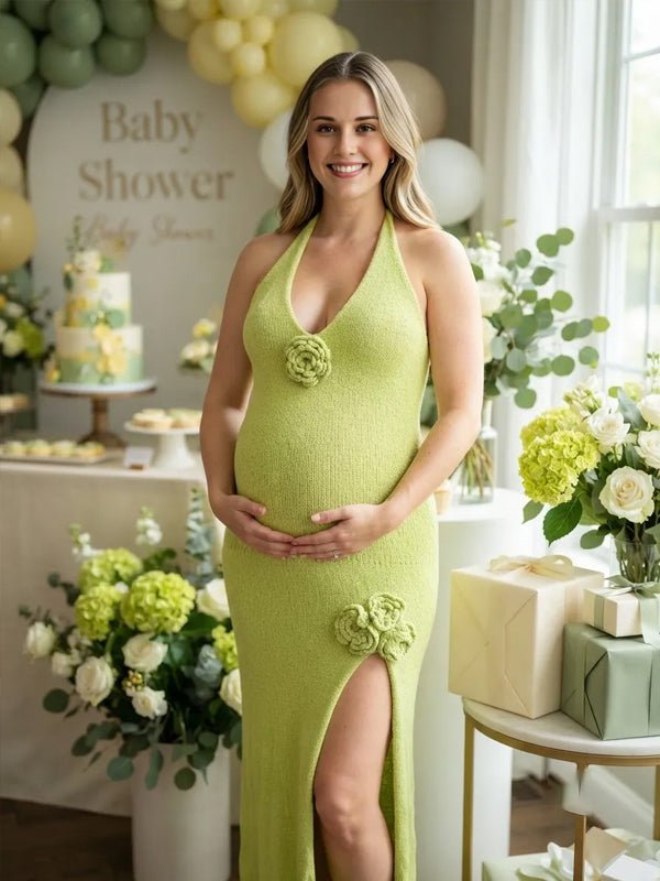 Momyknows Halter Neck Backless 3D Flower Side Slit Maternity Baby Shower Maxi Dress - Green - 3