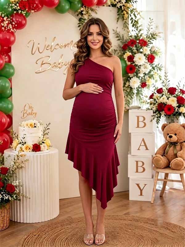 Momyknows Chic Falbala Oblique Shoulder Side Slit Irregular Baby Shower Maternity Maxi Dress - Wine Red - 3