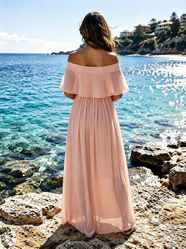 Momyknows Chiffon Off Shoulder Open Back Flowy Big Swing Maternity Photoshoot Maxi Dress - Pink - 3