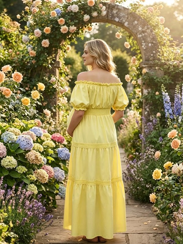 Momyknows Yellow Off Shoulder Puff Sleeve Full Skirt Ruffle Photoshoot Maternity Midi Dress - Yellow - 5