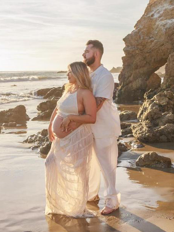 Momyknows Beige 2 Piece Smocked Ruffle Backless Flowy Elegant Vacation Beach  Photoshoot Maternity Maxi Dress