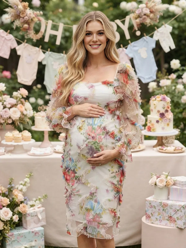 Momyknows White Long Sleeve Print Ruffle Falbala  Maternity Midi Dress