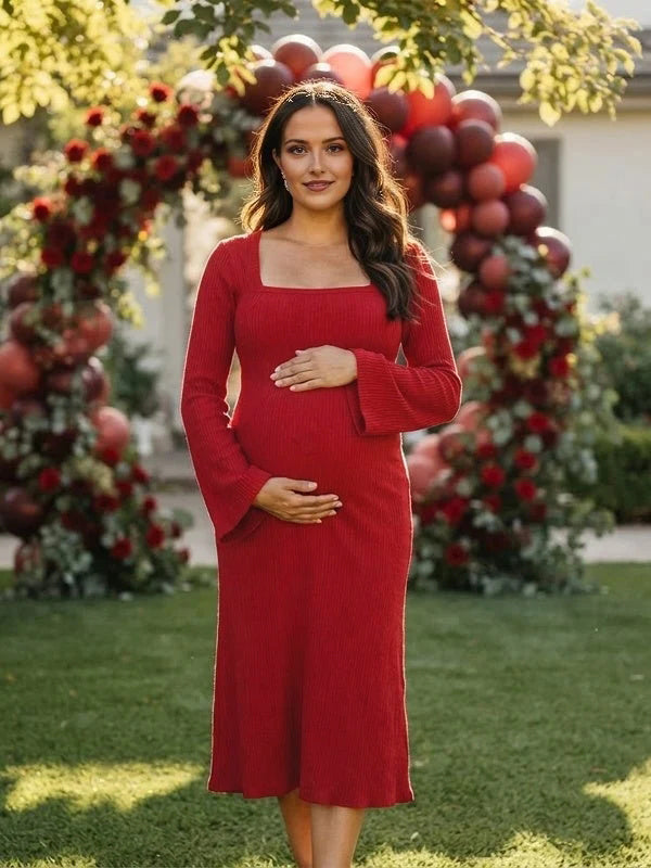 Momyknows Square Neck Lace Up Bodycon  Maternity Baby Shower Midi Dress
