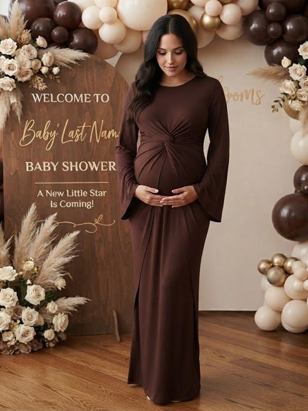 Momyknows Ruched Ribbon Lace Up Bodycon Side Slit Maternity Baby Shower Maxi Dress - Coffee - 2