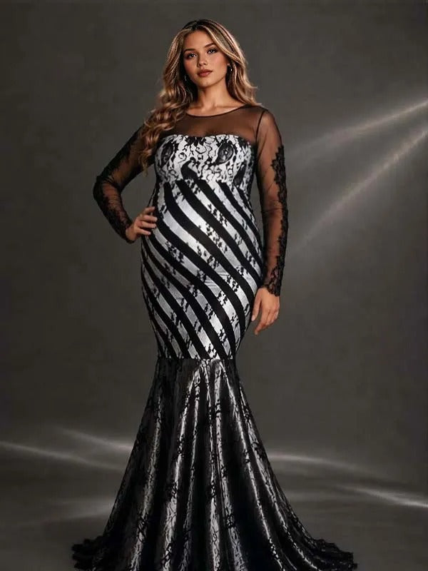 Momyknows Black Printed Lace Grenadine Mermaid Sheer Backless Maternity Photoshoot Maxi Dress